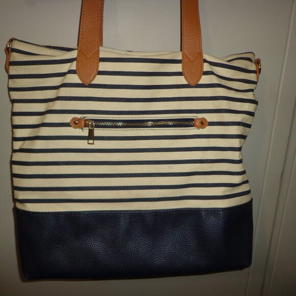 a new day Striped Handbag Double Handles Zip Closure Navy/Cream Pockets - Picture 8 of 8